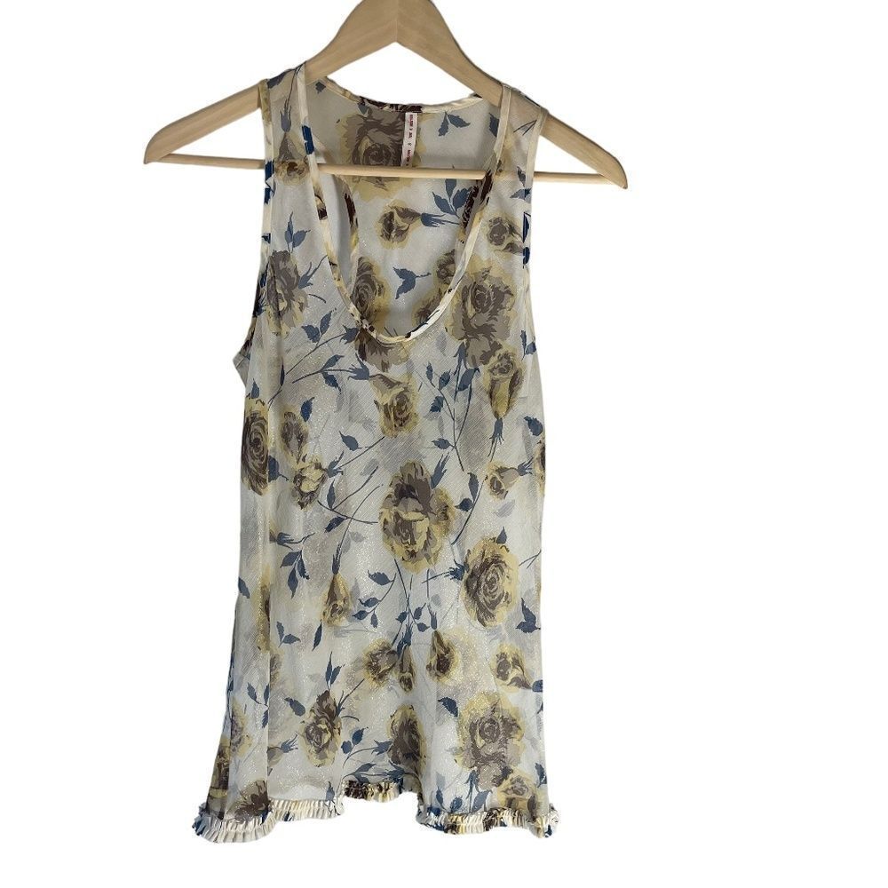 Tom K Nguyễn Sheer Metallic Floral Tank Top Ruffle Trim Sz S - Picture 6 of 7